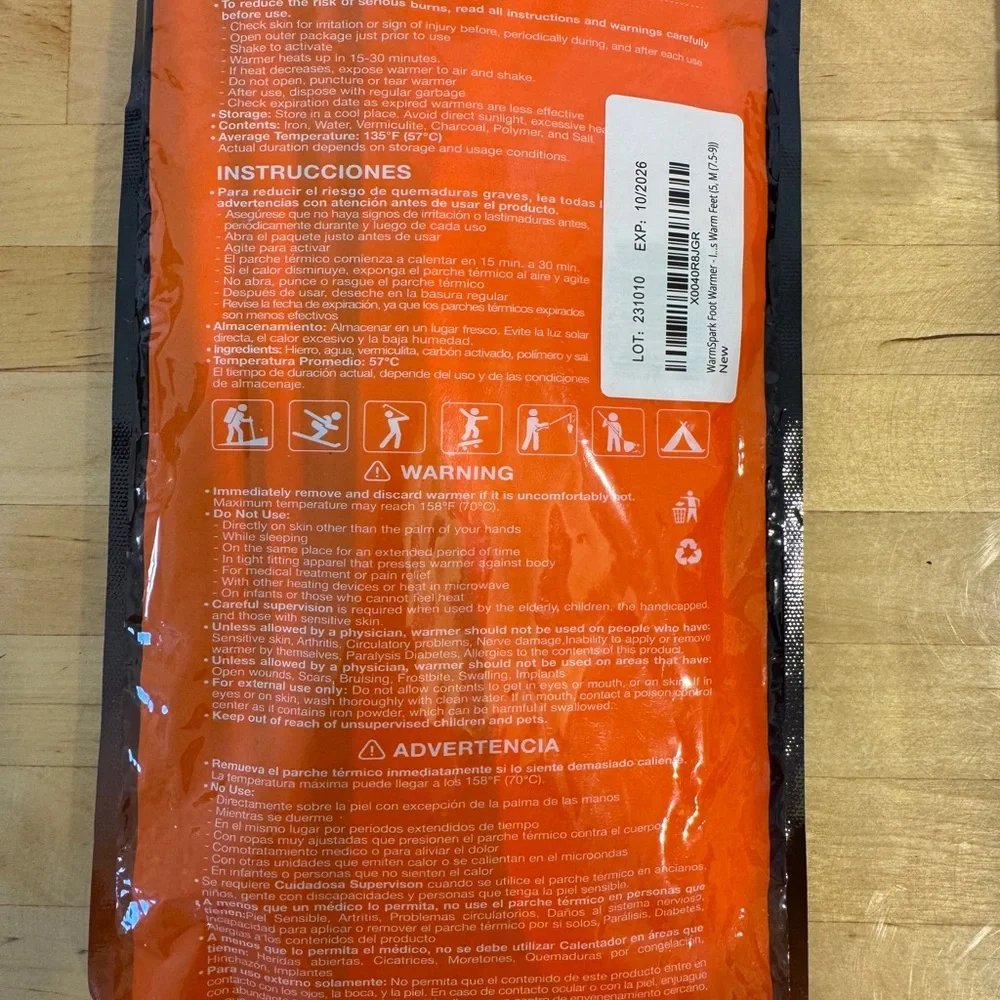 WarmSpark Insole Feet Warmers 5 Pack - 10 Hours Warm Feet Medium (lot of 2=10)